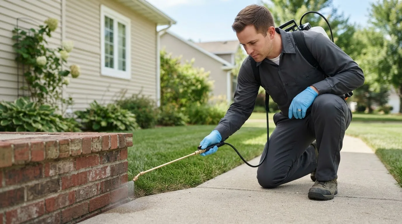 Pest control technician treating a home near Stover, MO