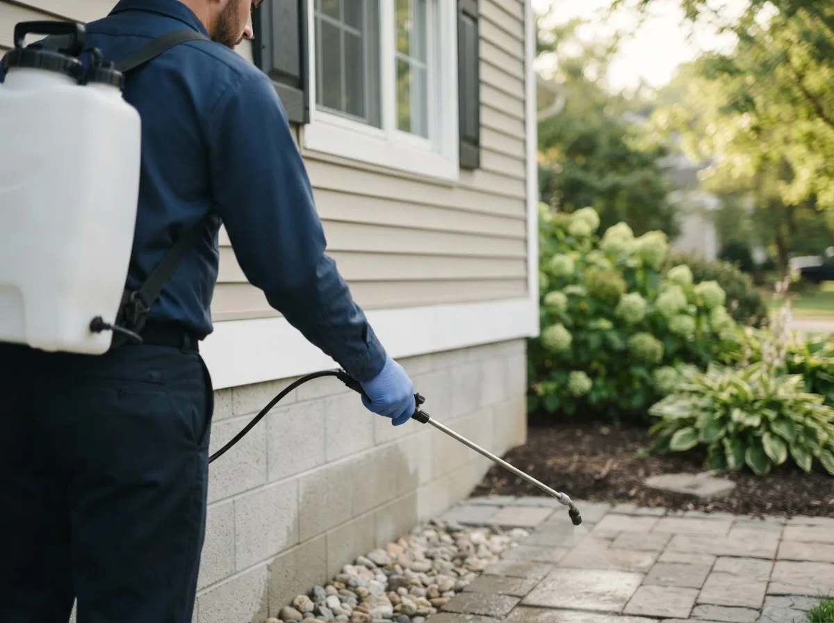 Pest control technician inspecting a home in Stover, MO